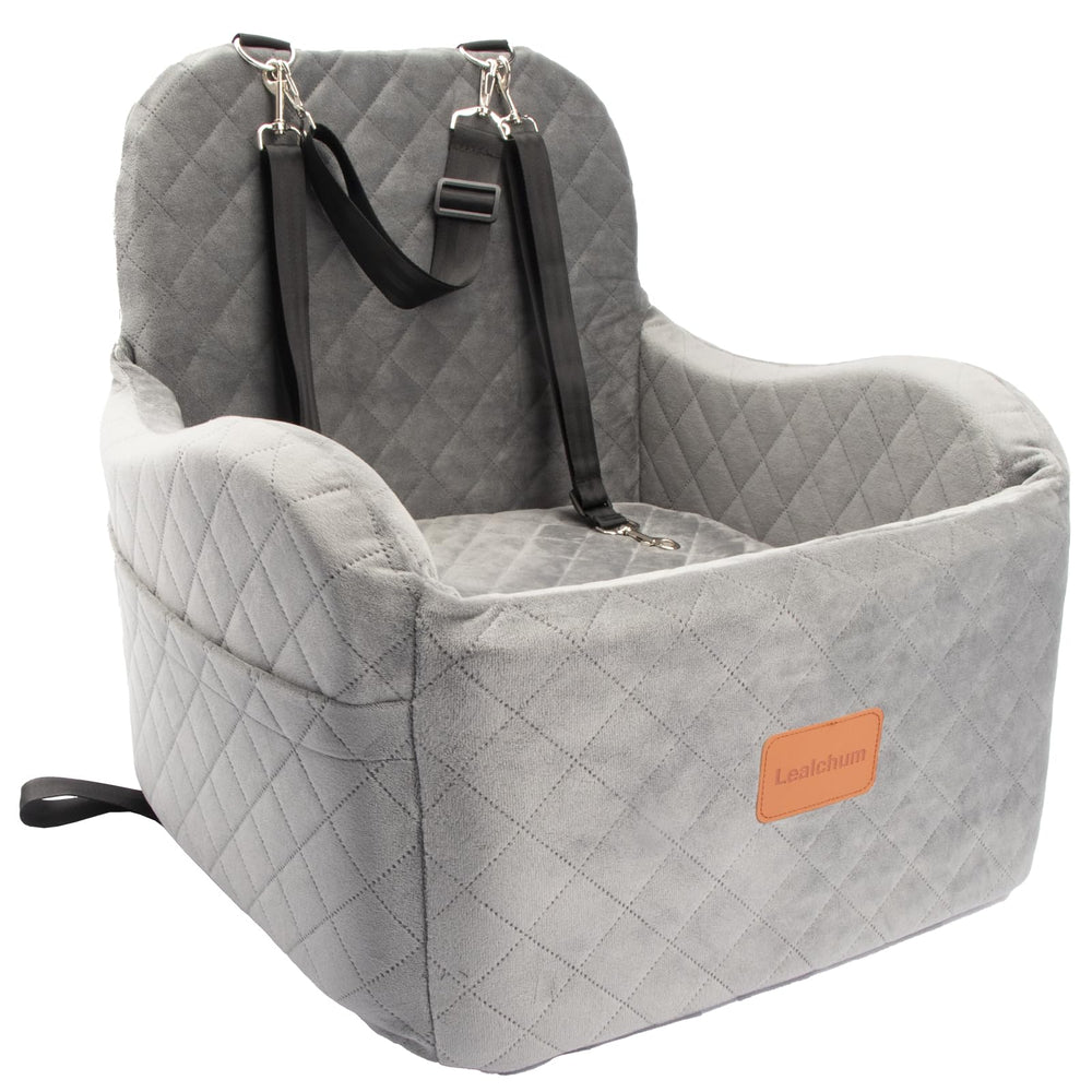 Lealchum dog booster car seat grey, side view, supports small dogs during car rides.