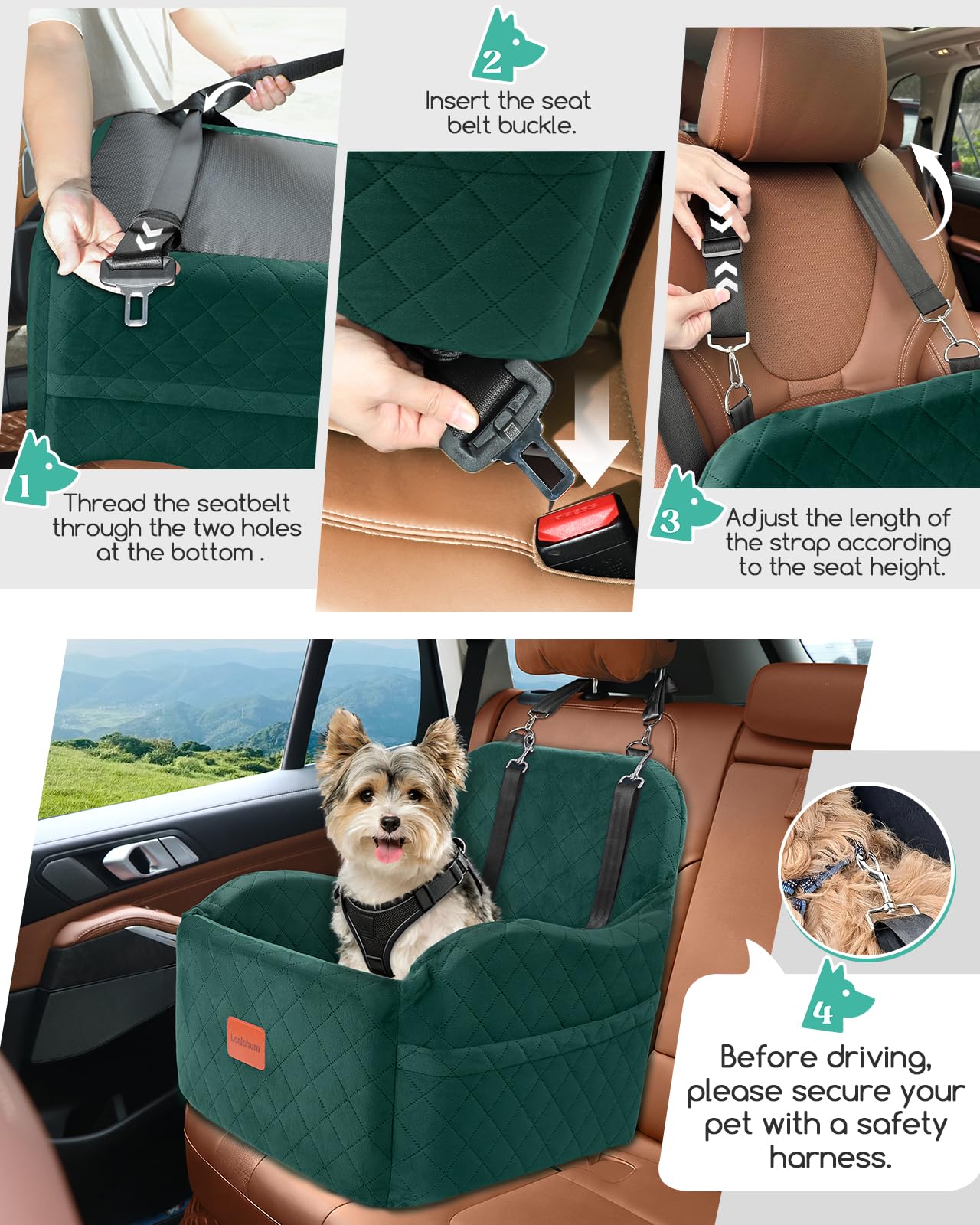 Lealchum dog booster seat back view highlights stable seat base and attachment straps.