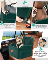 Lealchum dog booster seat back view highlights stable seat base and attachment straps.