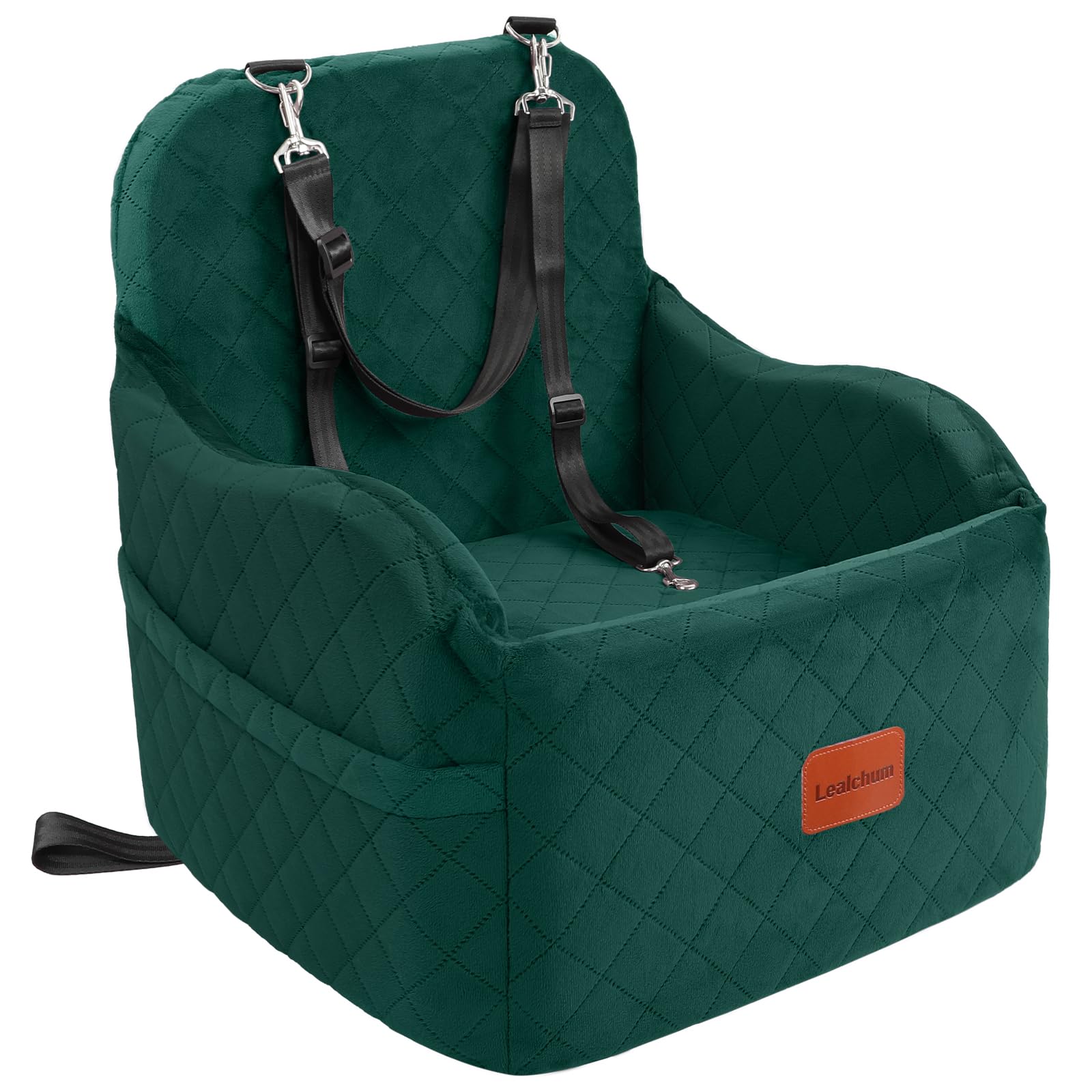 Lealchum dog booster seat front view demonstrates secure harness compatibility for safe travels.