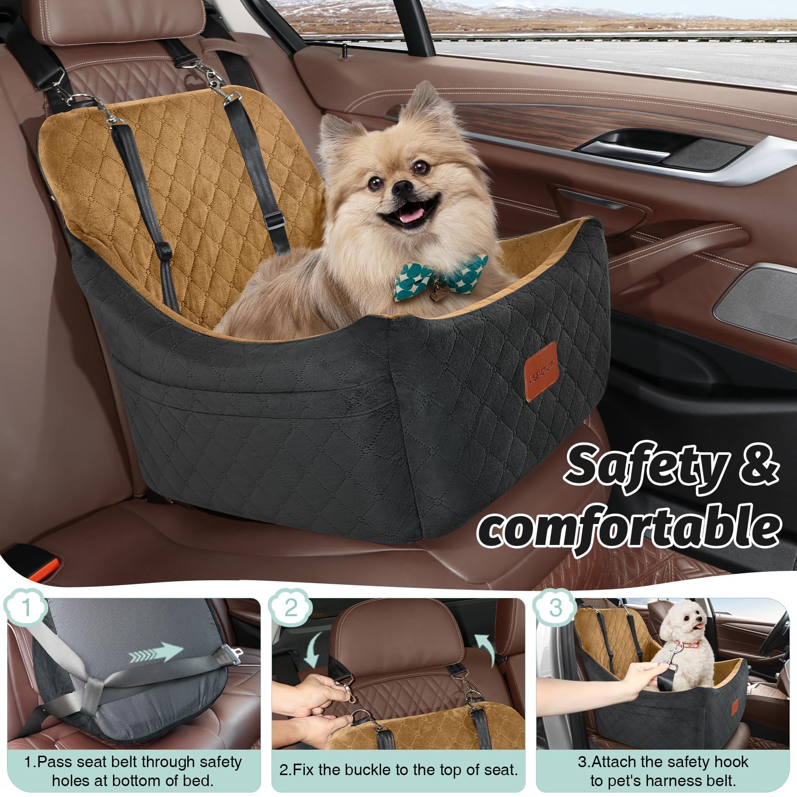 Lealchum dog booster seat features safety belt passage for vehicle anchor.