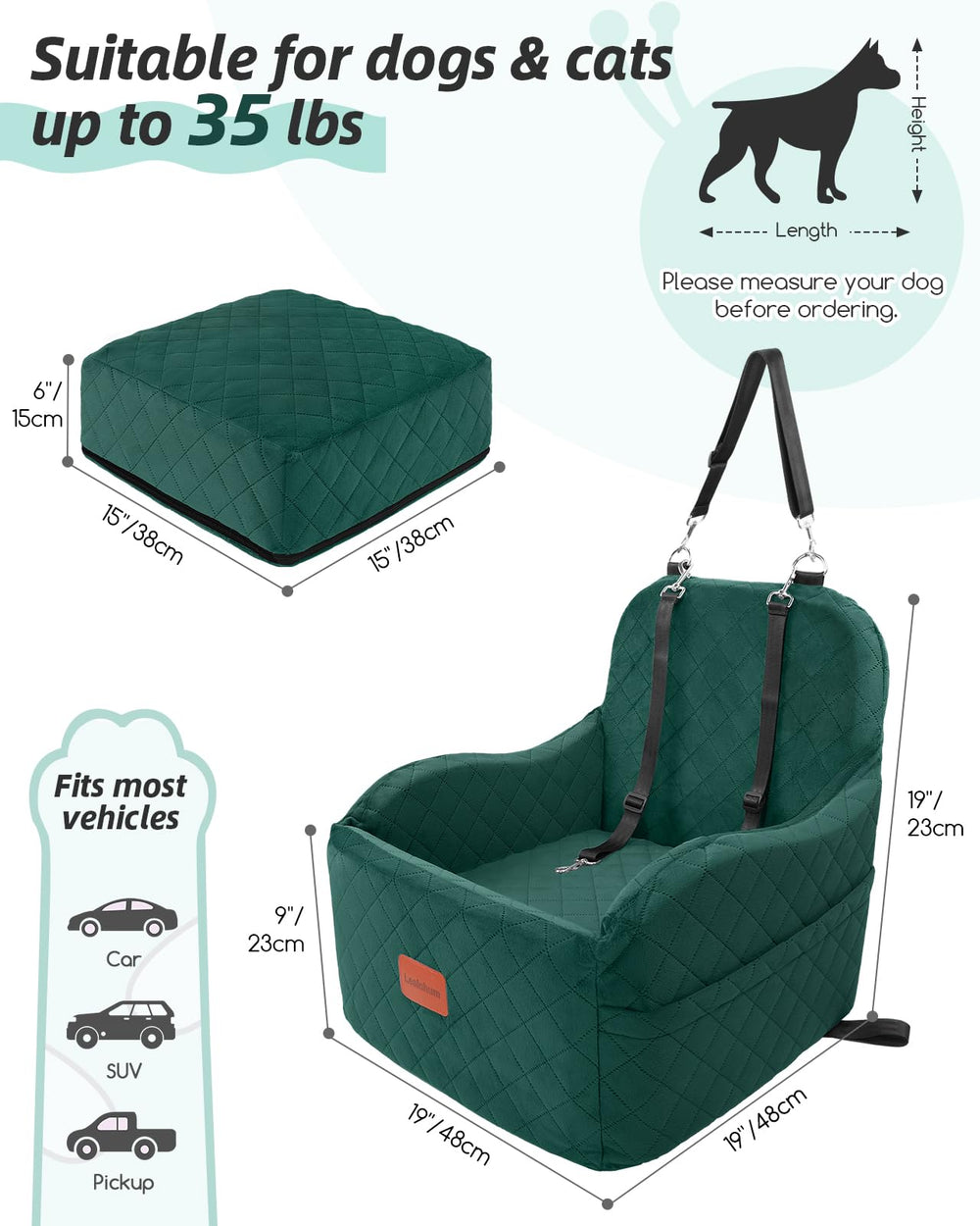 Lealchum dog booster seat side view shows elevated cushion for better outside visibility.