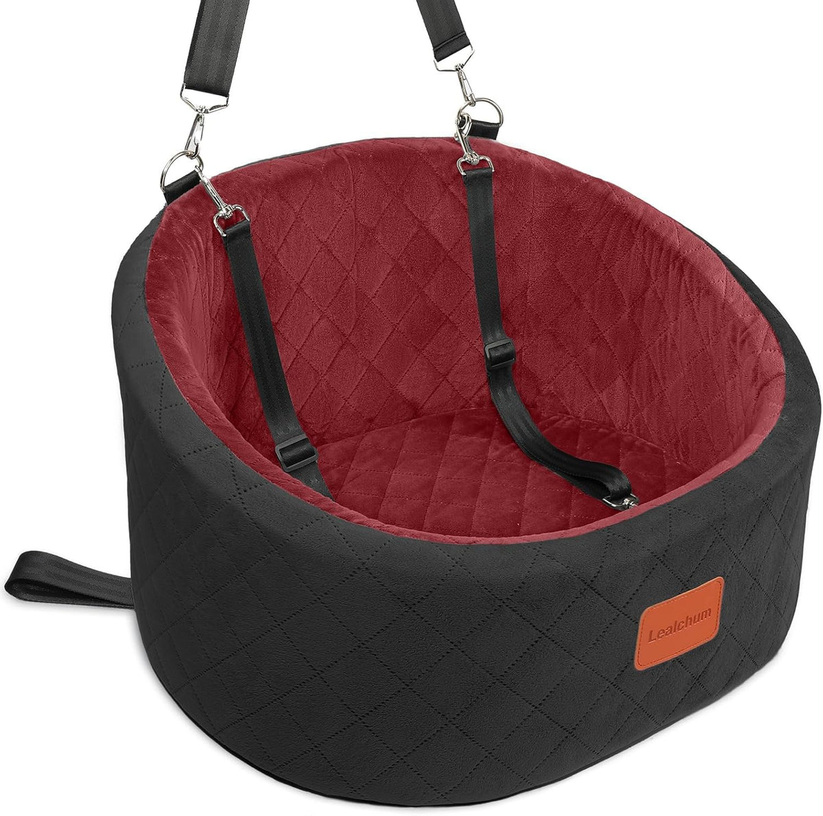 Lealchum dog car seat front view shows cozy memory foam for small dogs.