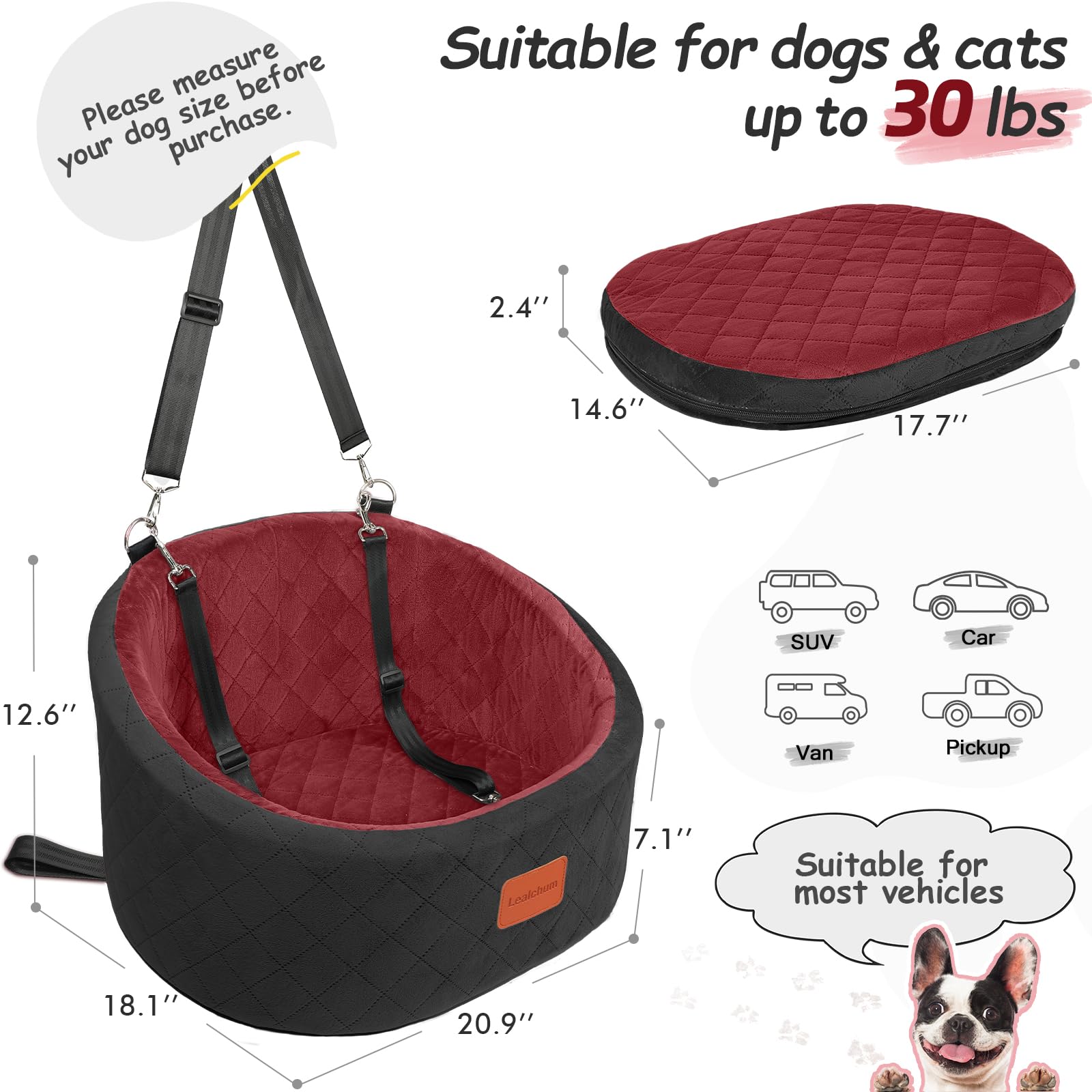 Lealchum dog car seat strap attachment demonstrates secure travel with harness leashes.