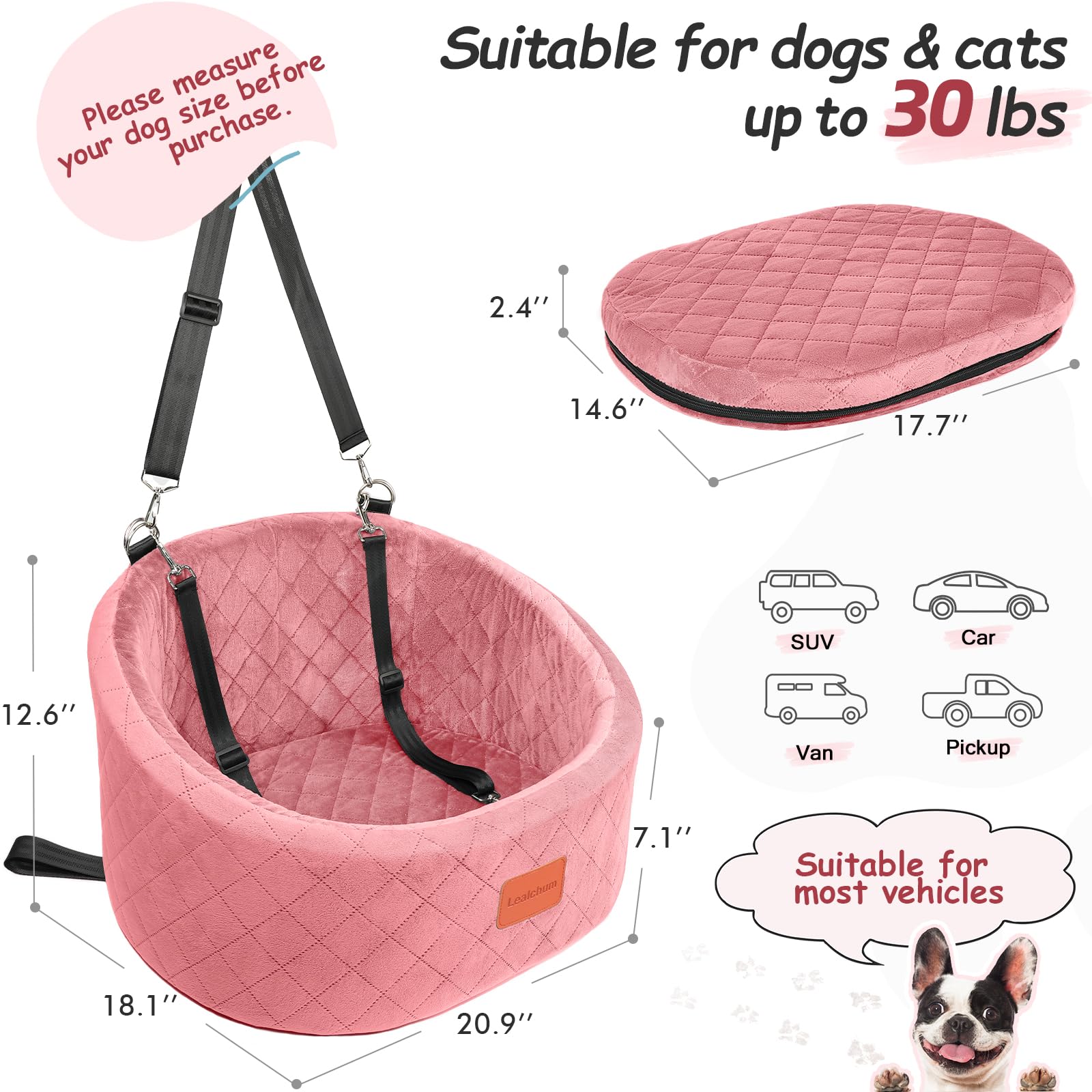 Lealchum memory foam dog seat in pink provides gentle cushioning for pets.