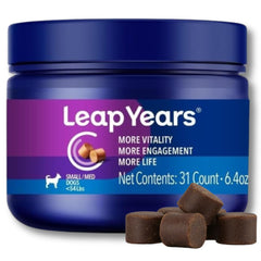 Leap Years Soft Chew bottle with beef flavor for dog brain and heart support.
