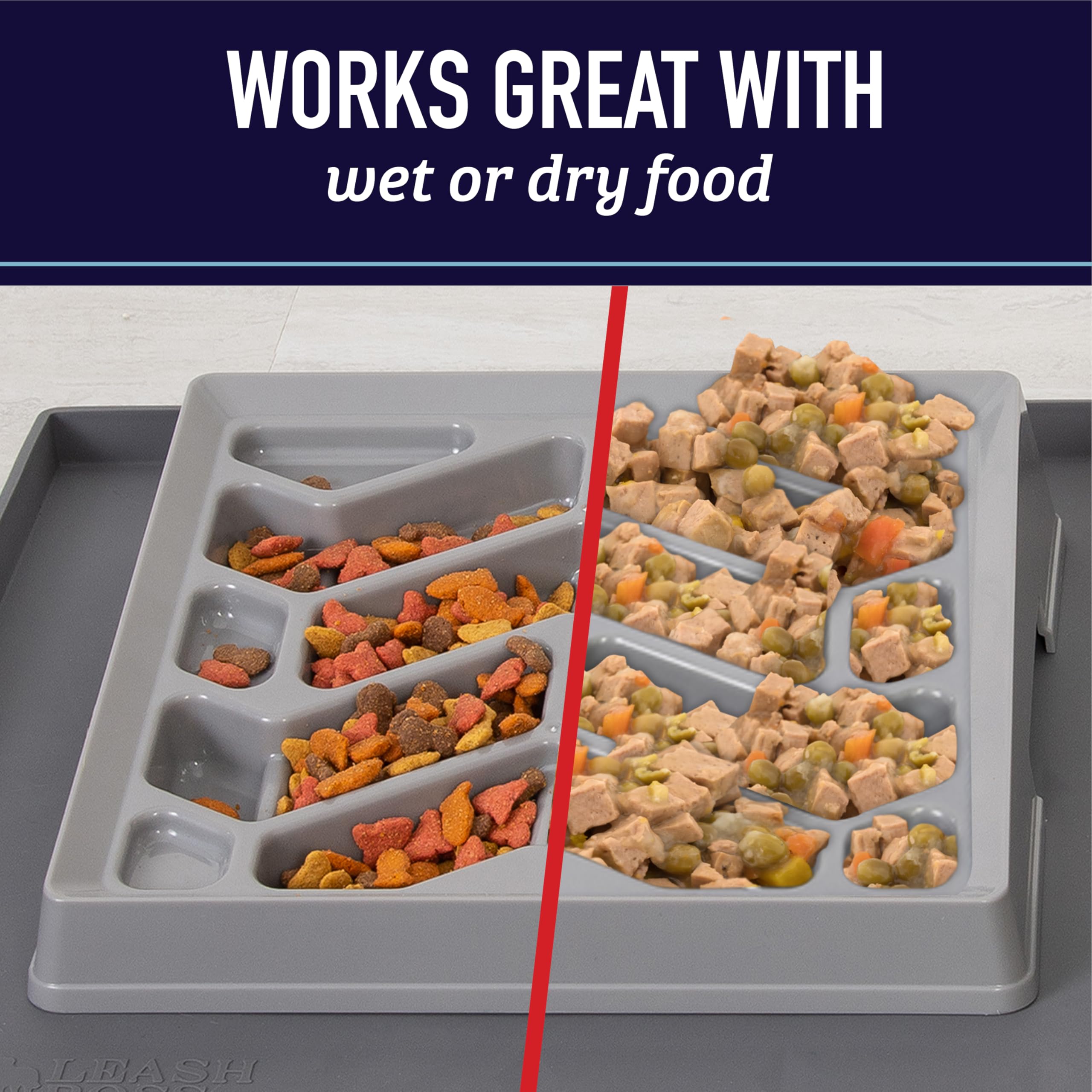 Leash Boss cat and dog friendly design fits any feeding station.