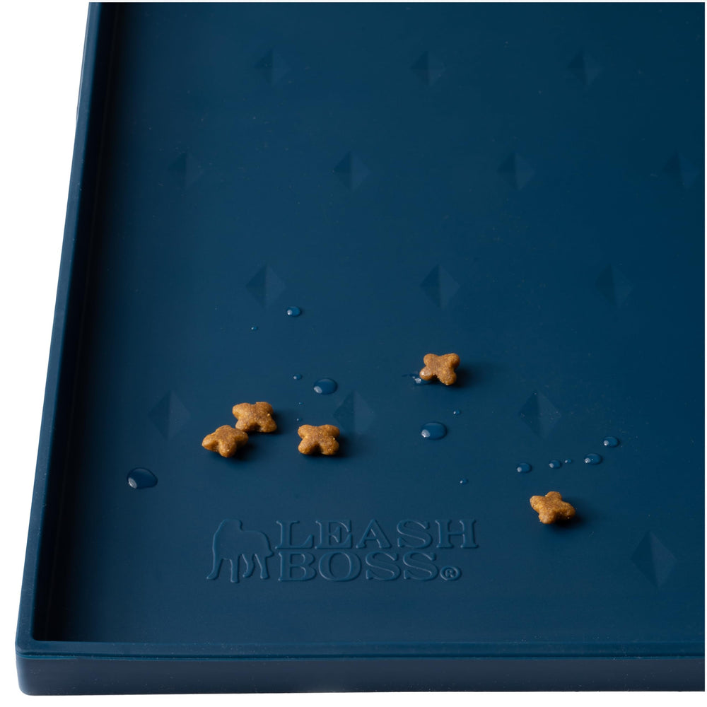 Leash Boss navy small dog food mat front view with raised edges