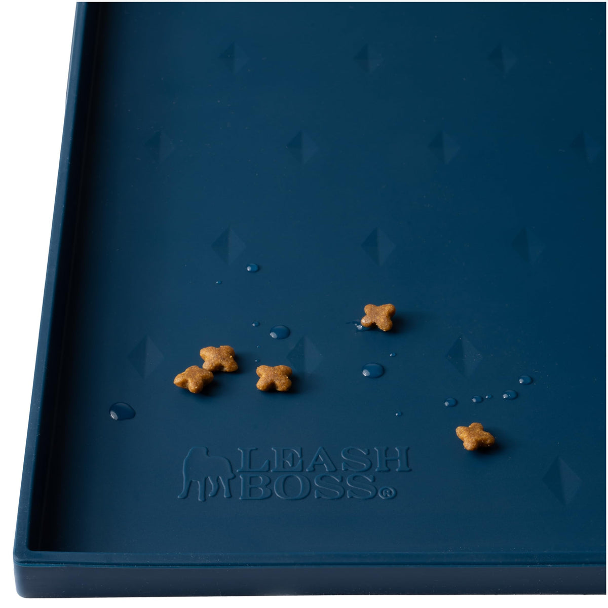 Leash Boss navy small dog food mat front view with raised edges