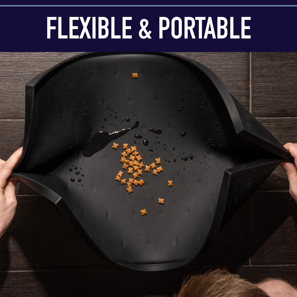 Leash Boss gray 25x17 dog feeding mat fits standard bowls.