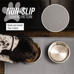 Leash Boss non-slip placemat keeps bowls from sliding during meals.
