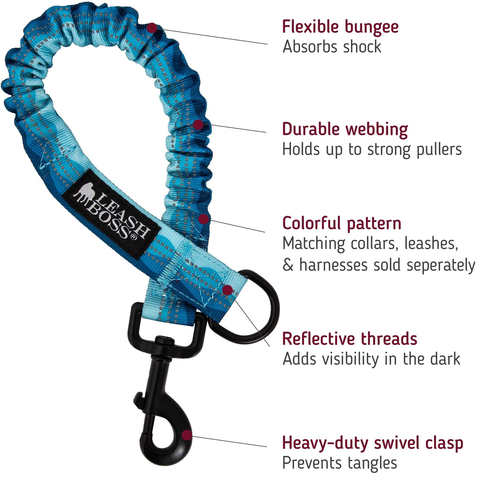 Wave-pattern leash extender attached between leash and collar for reduced tug impact.