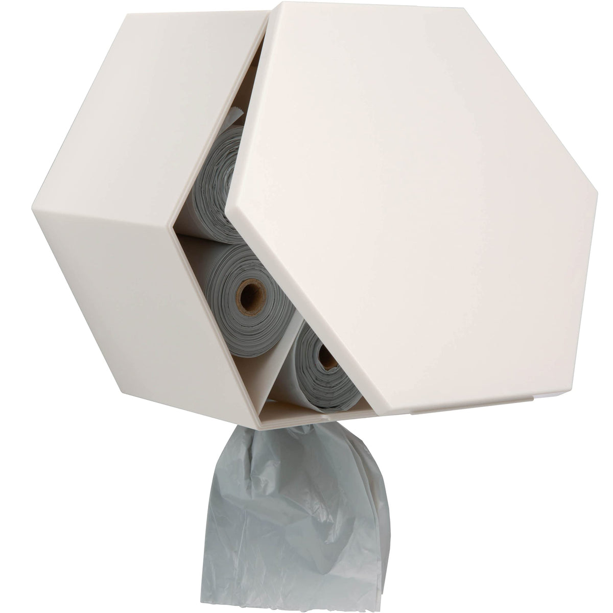 Leash Boss wall mount bag dispenser in hexagon design keeps entryways tidy