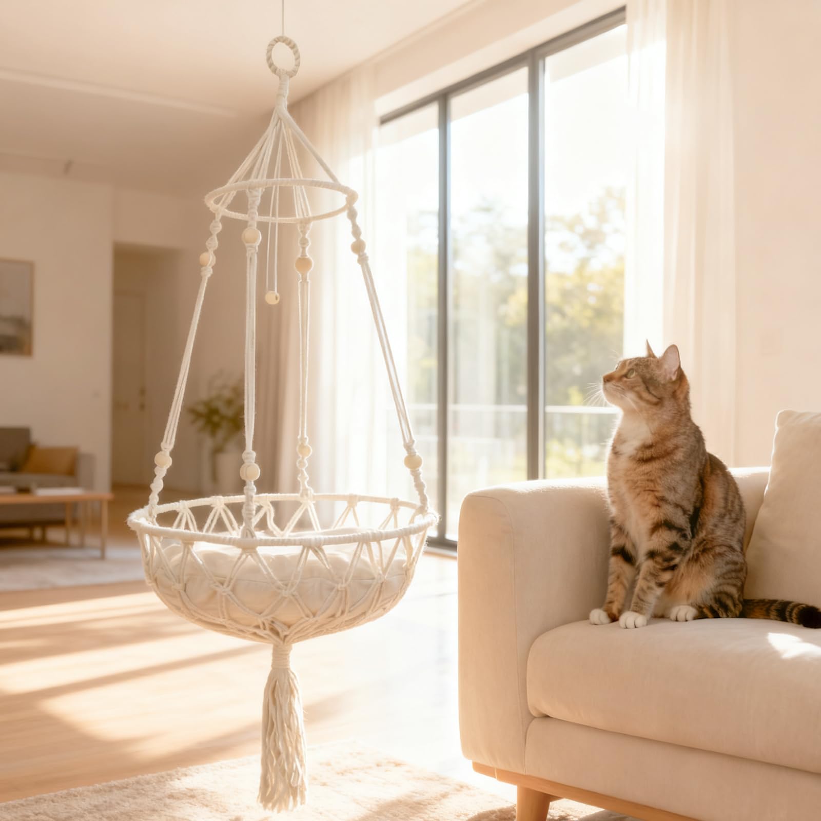 Leashelllinco cat hammock sunlit nap view showcases tranquil observation.