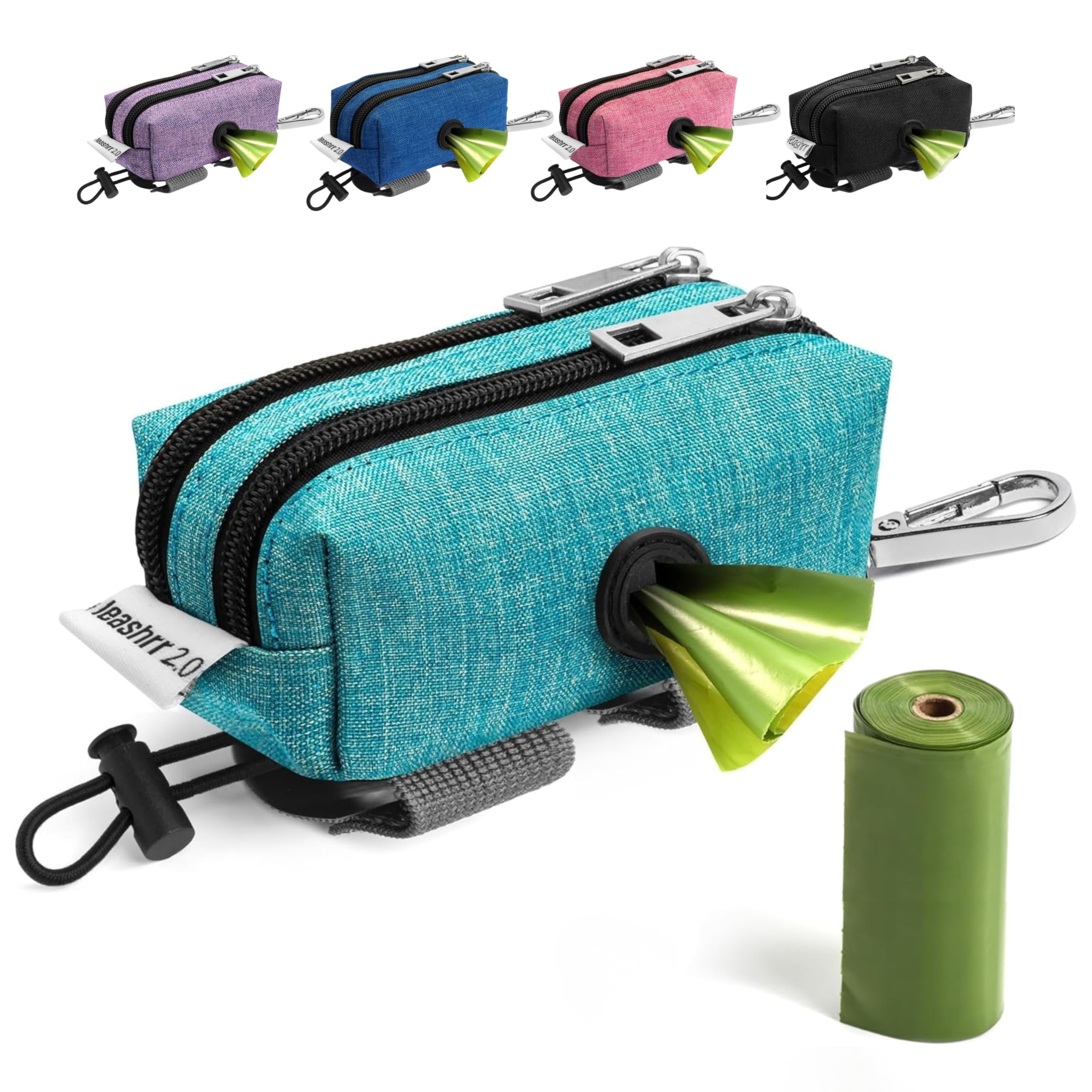 Leashrr 2.0 teal poop bag holder attachment for easy leash access.