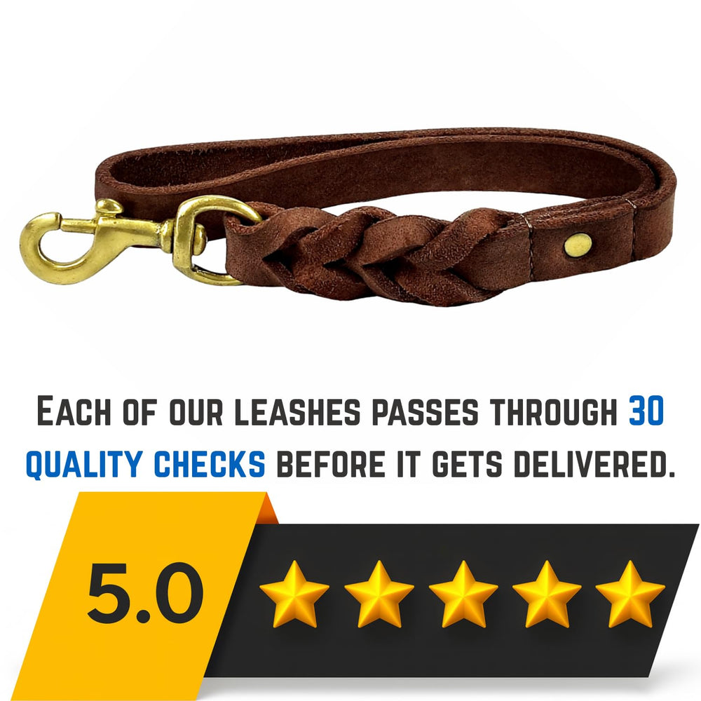 Leatherow heavy-duty full-grain leather leash for durability.