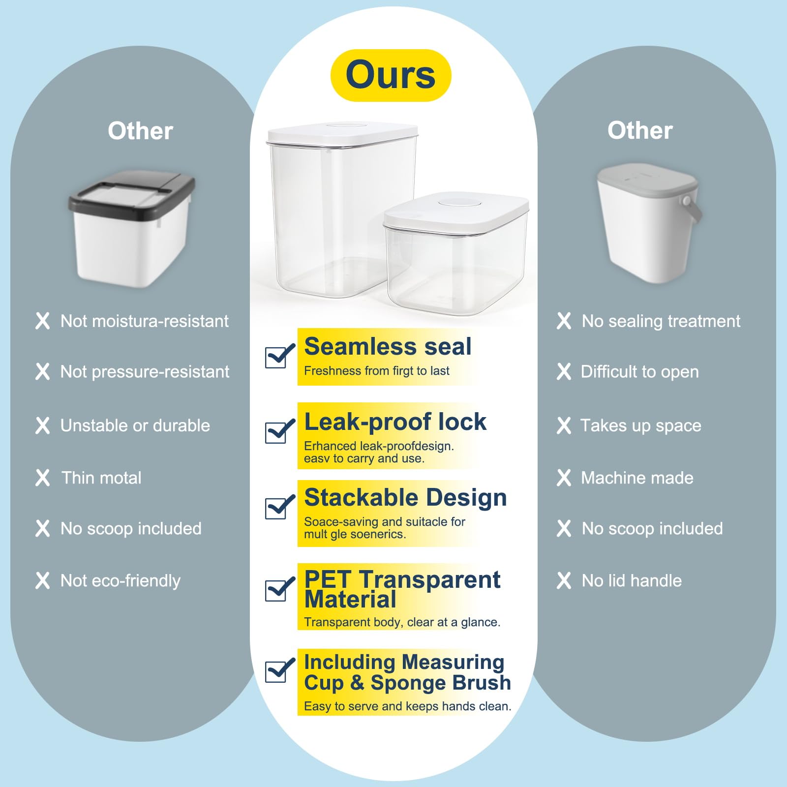 LEAWALK rectangular stackable design saves space in kitchen and pantry areas.
