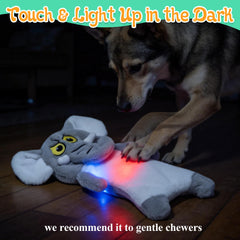 LECHONG No Stuffing dog toys closeup showing squeaker, crinkle, and light-up ball for multisensory play