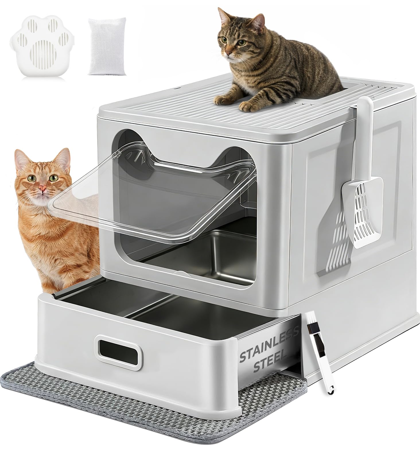 LEEJARD stainless steel litter box with top entry and lid, showcasing leak-proof design for large cats