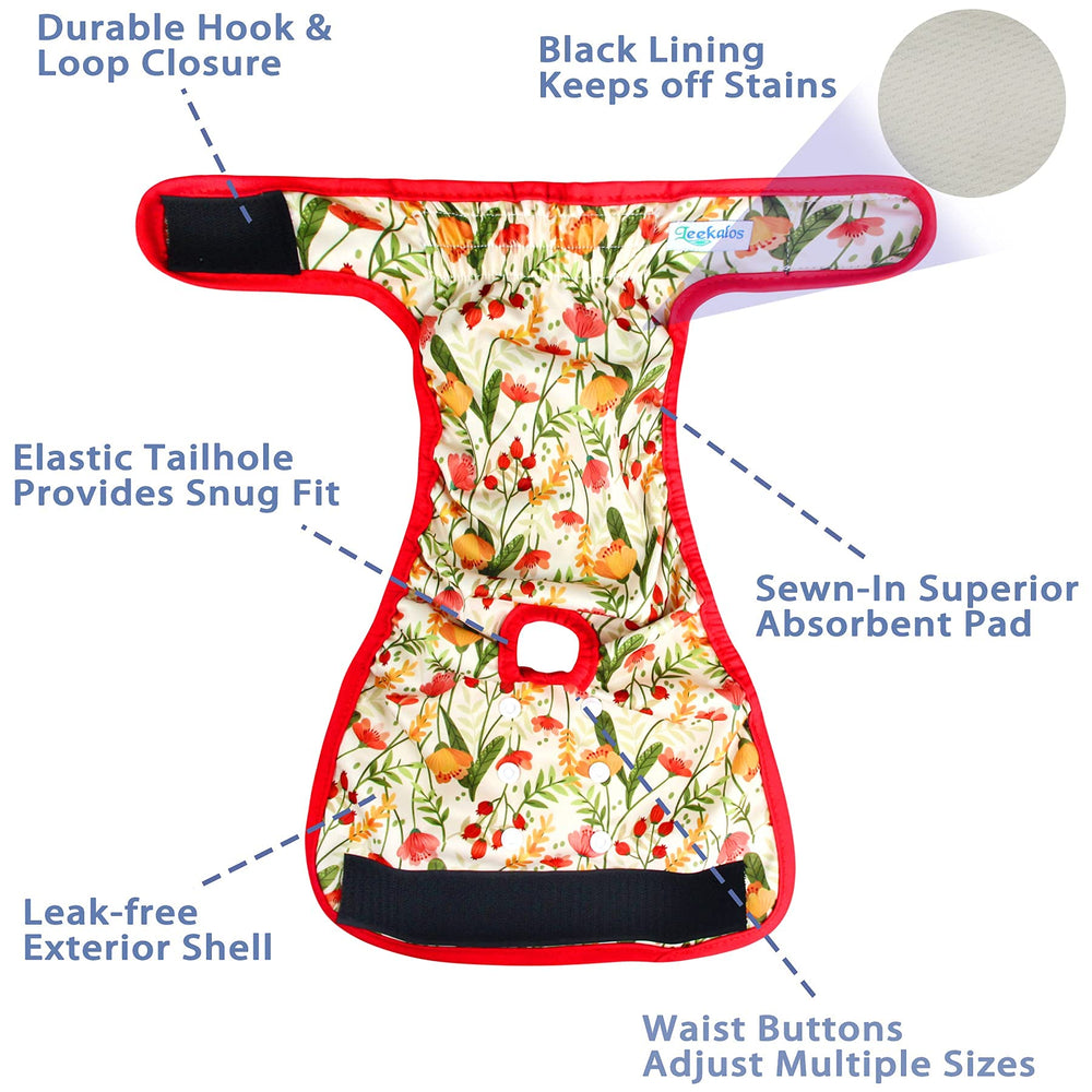 Leekalos Flora-pattern dog diapers closeup highlighting soft fabric and secure fit.
