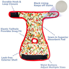 Leekalos Flora-pattern dog diapers closeup highlighting soft fabric and secure fit.