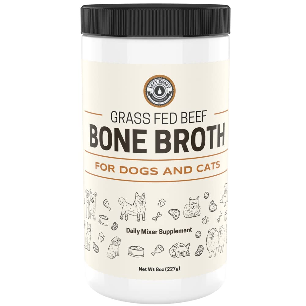 Left Coast Performance beef bone broth powder bottle pour boosts hydration and flavor for pets