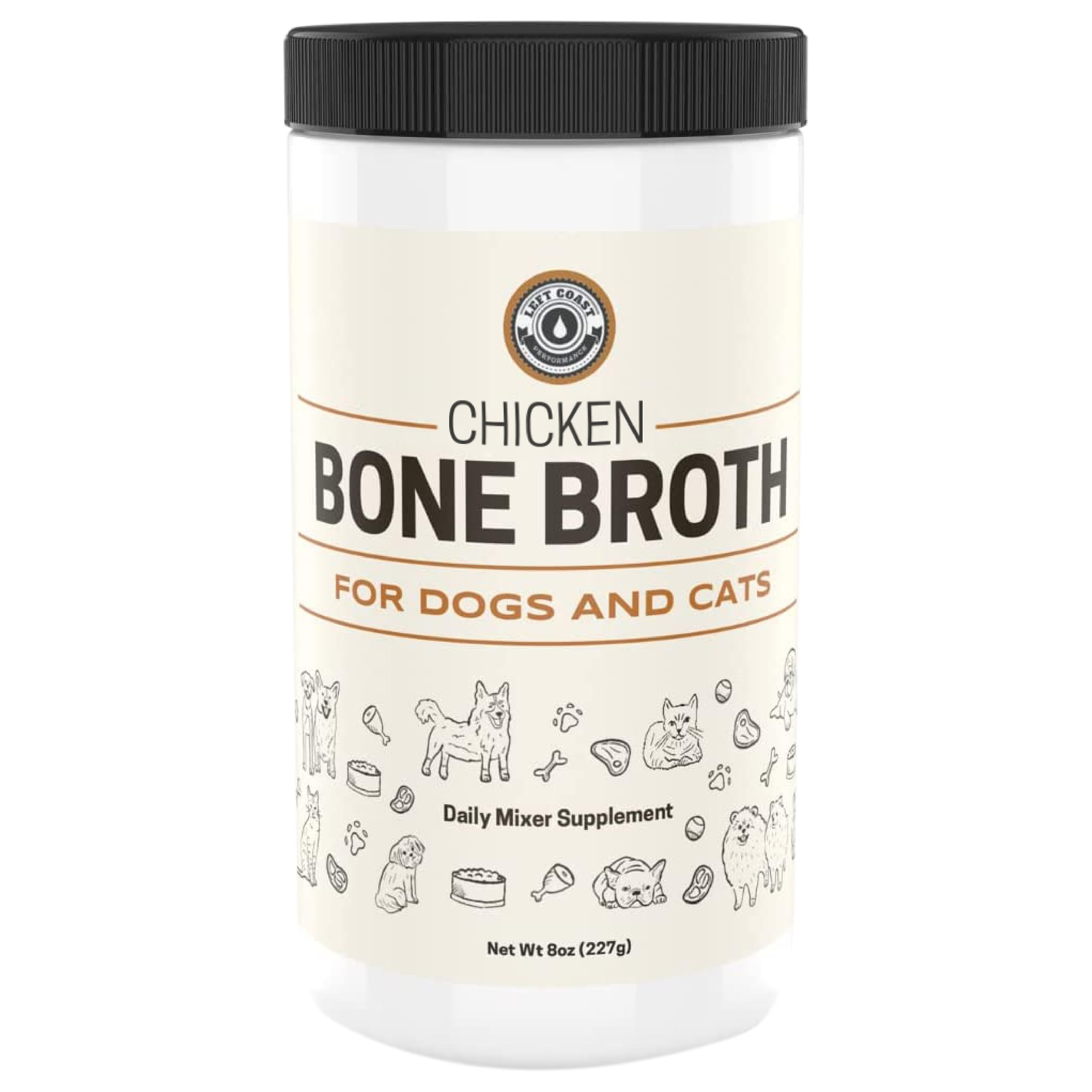 Left Coast Performance chicken bone broth powder for dogs and cats boosts palatability and hydration