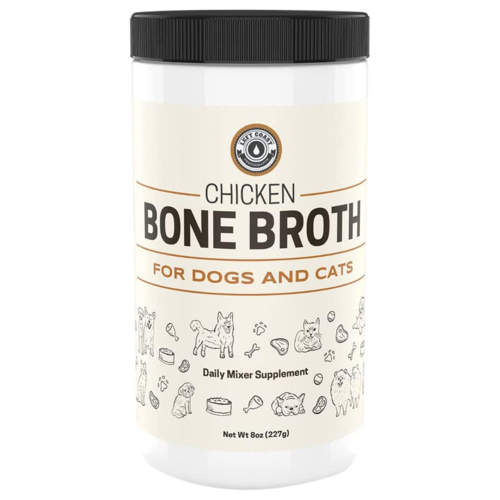 Left Coast Performance chicken bone broth powder for dogs and cats boosts palatability and hydration