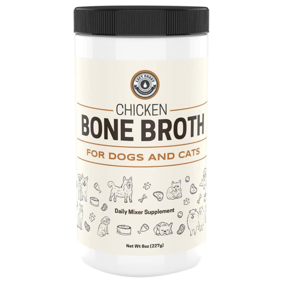 Left Coast Performance chicken bone broth powder for dogs and cats boosts palatability and hydration