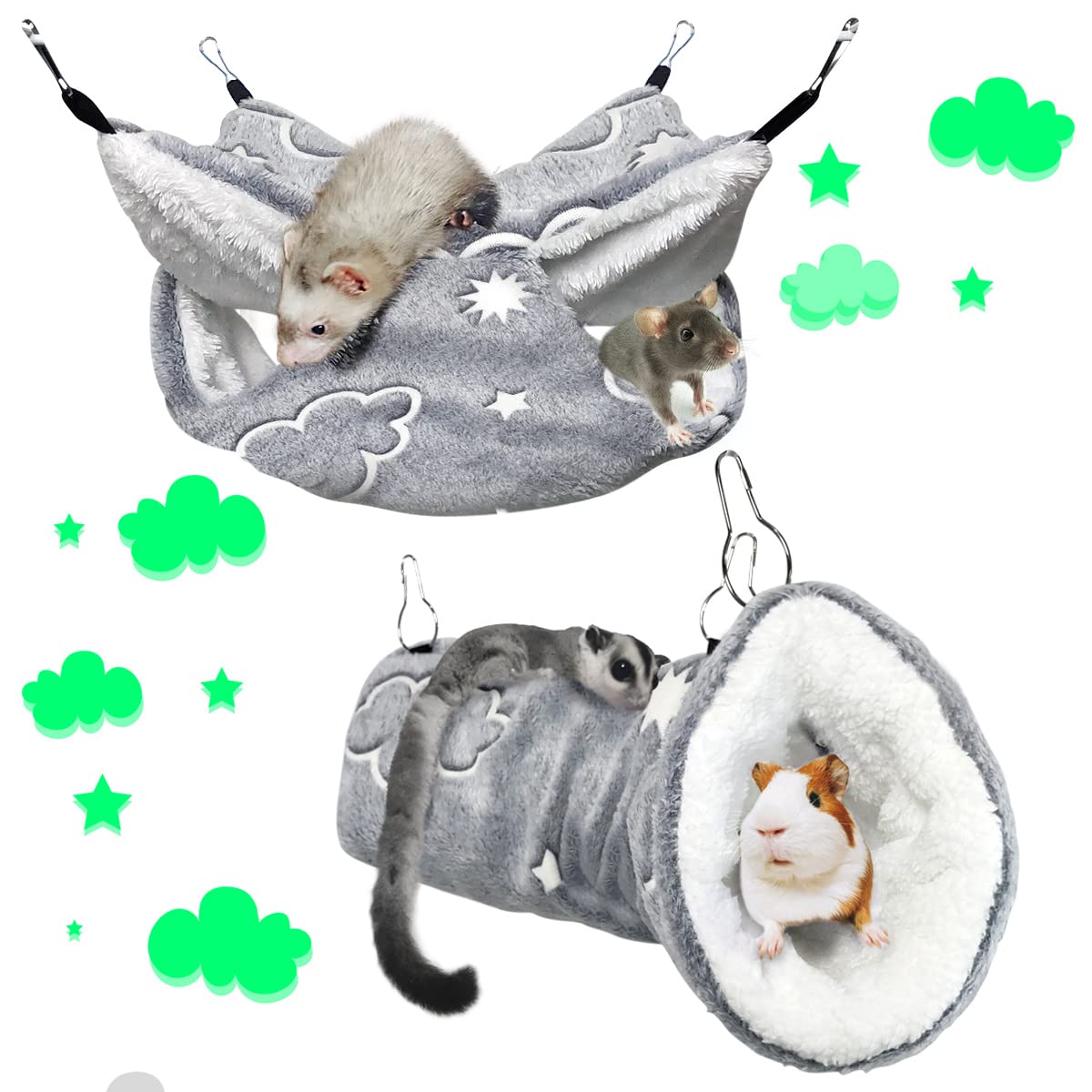 LEFTSTARER Noctilucent hammock bunkbed demonstrates cozy perching for small pets in cages.