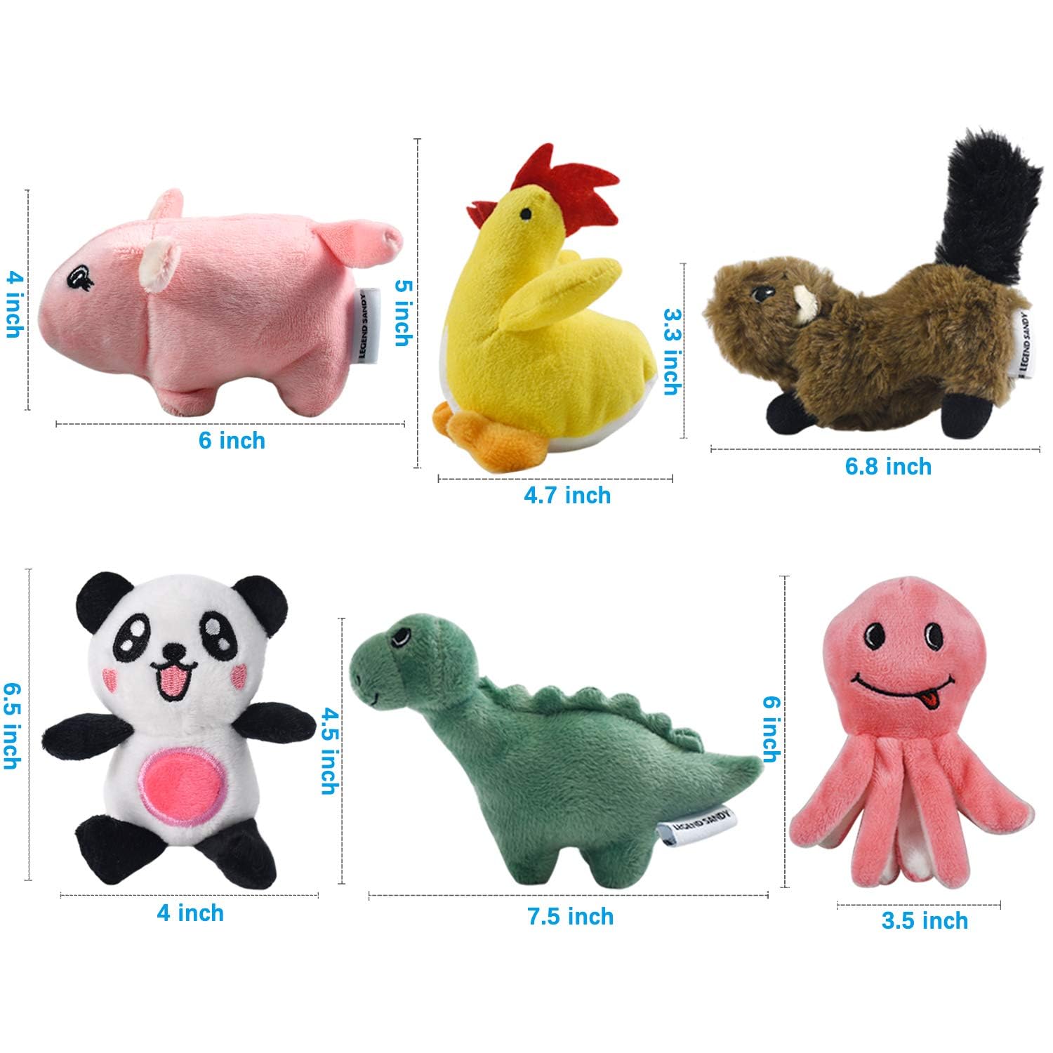LEGEND SANDY drawstring bag holds six squeaky toys for portability and easy cleanup.