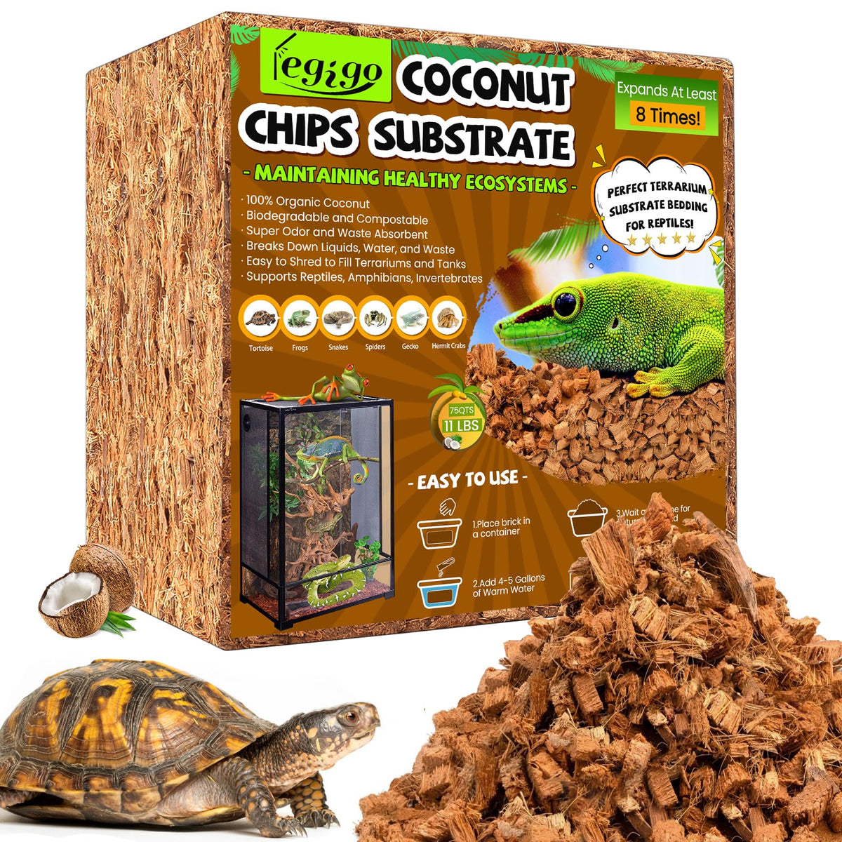 Legigo coconut chip substrate brick expands when hydrated for reptile bedding.