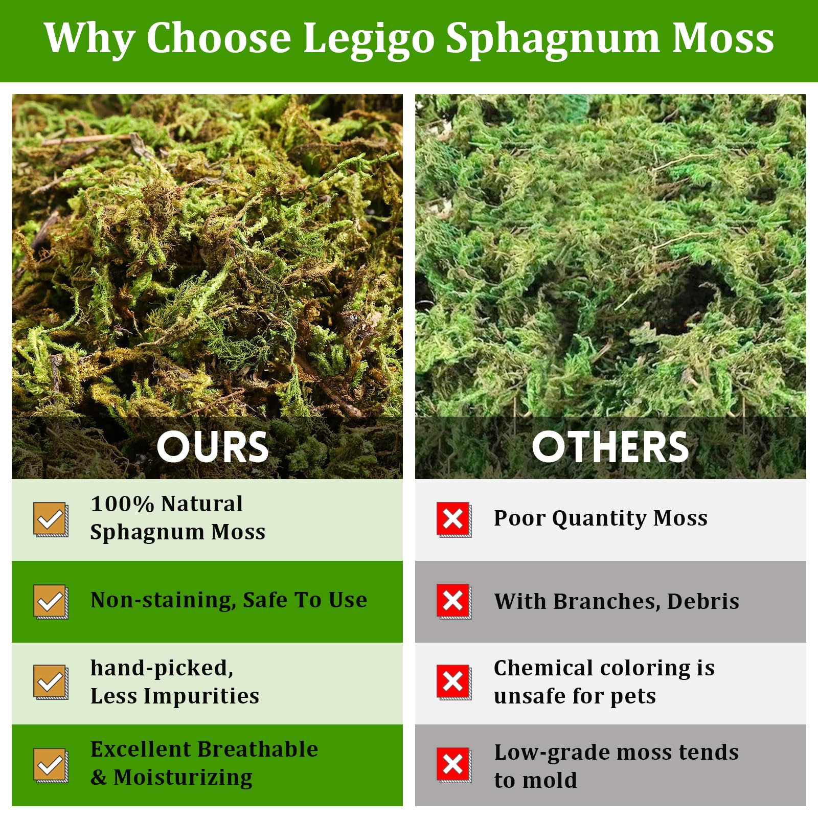 Legigo moss maintains moisture for steady humidity in cages