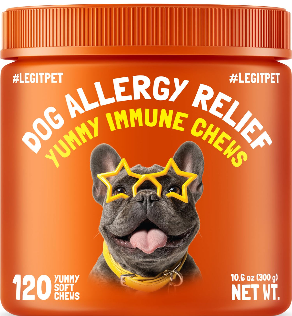 LEGITPET Allergy Relief Chews bottle front highlights seasonal comfort for dogs