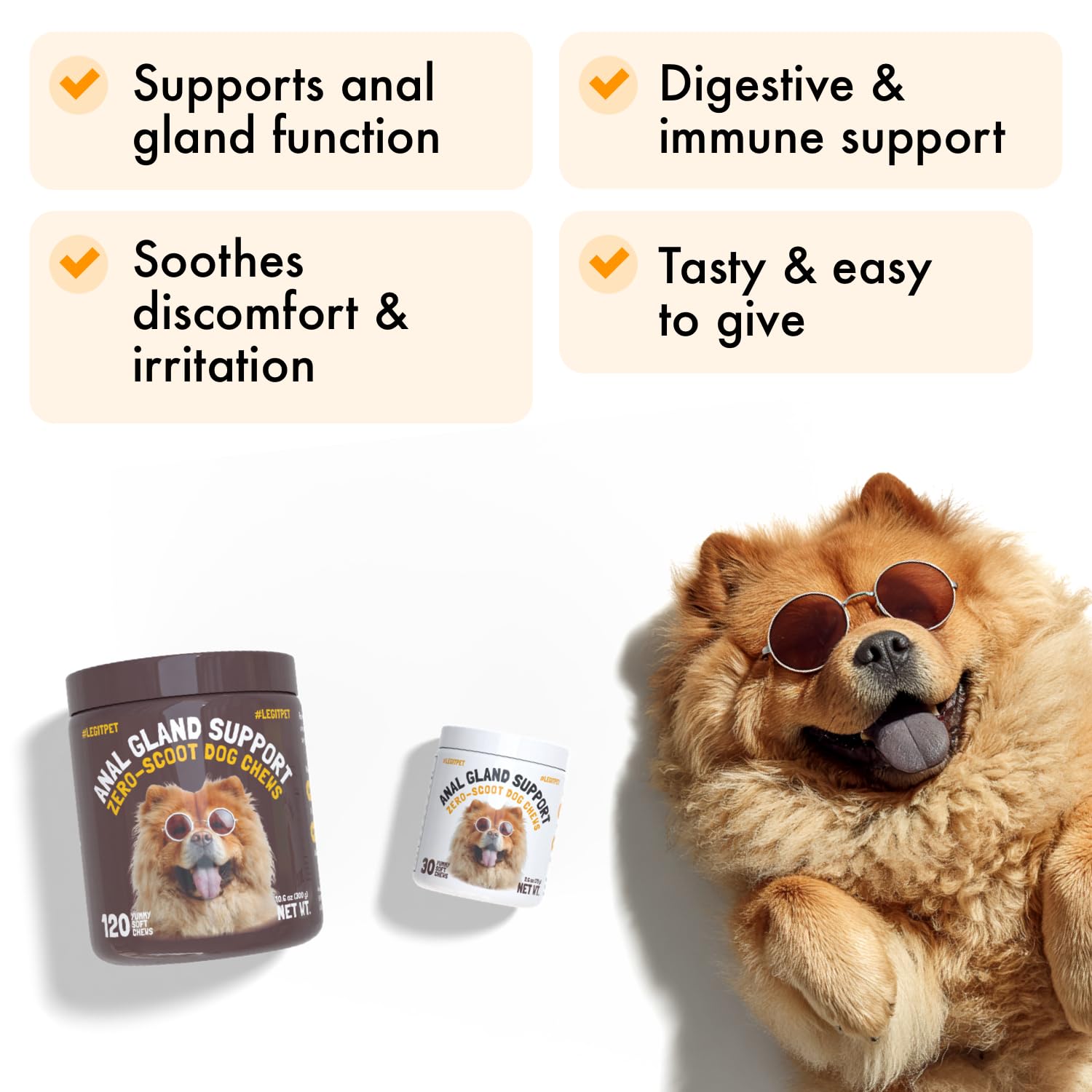 LEGITPET Anal Gland Relief Chews closeup highlighting soft texture for daily dosing.