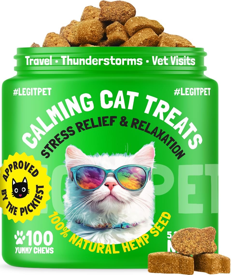 LEGITPET Cat Calming Treats bottle for easy travel calm during stressful trips.