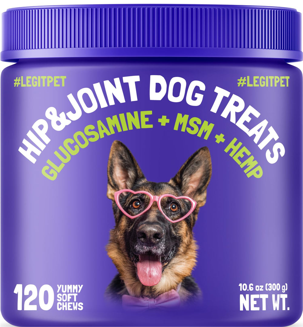 LEGITPET hemp hip joint chews bottle label highlights USA-made ingredients for mobility
