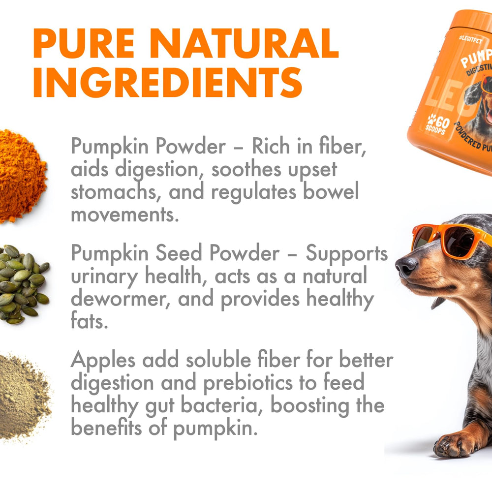 LEGITPET ingredients close-up featuring pumpkin, pumpkin seed, and apple fibers.