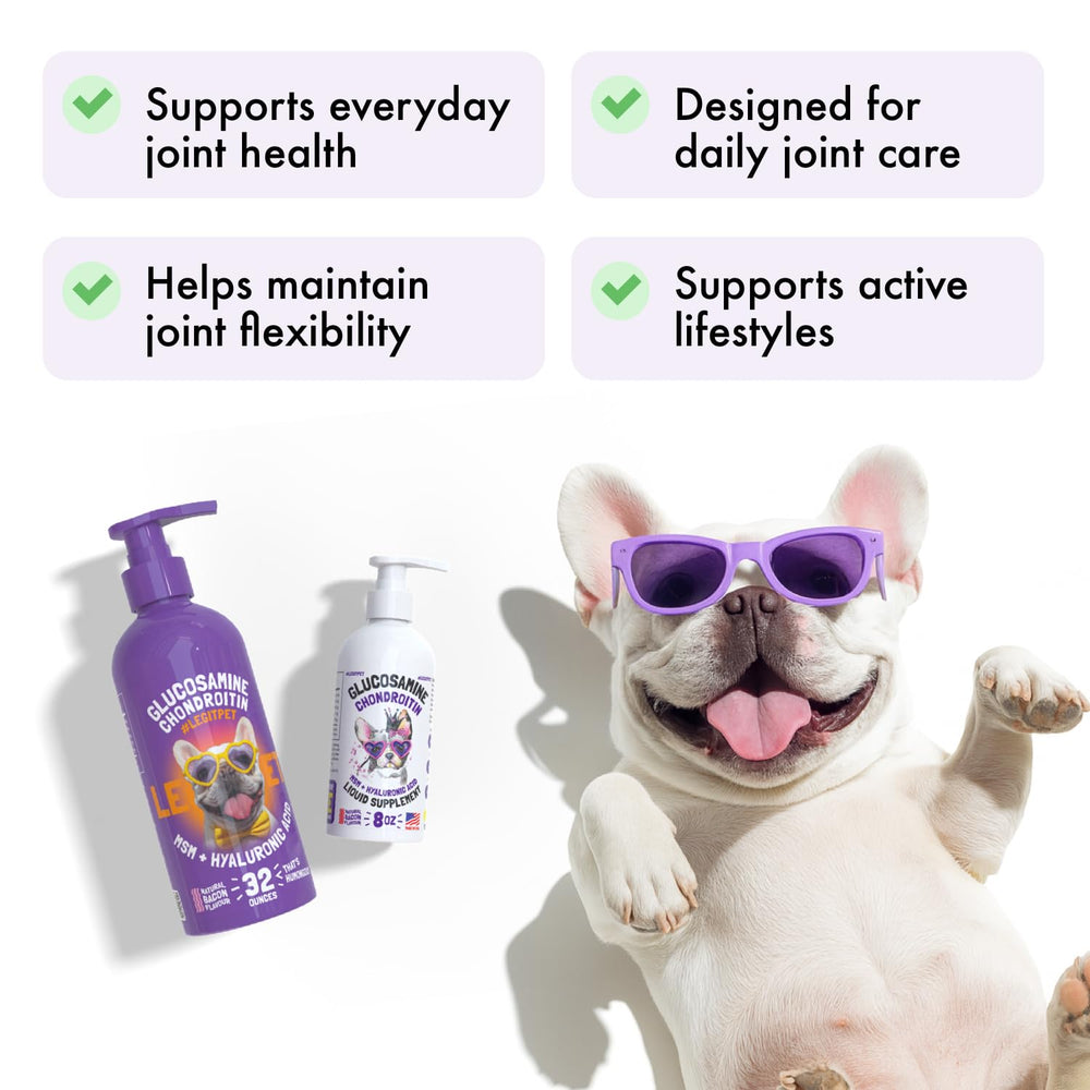 LEGITPET bottle being pumped onto meals for simple daily joint care.