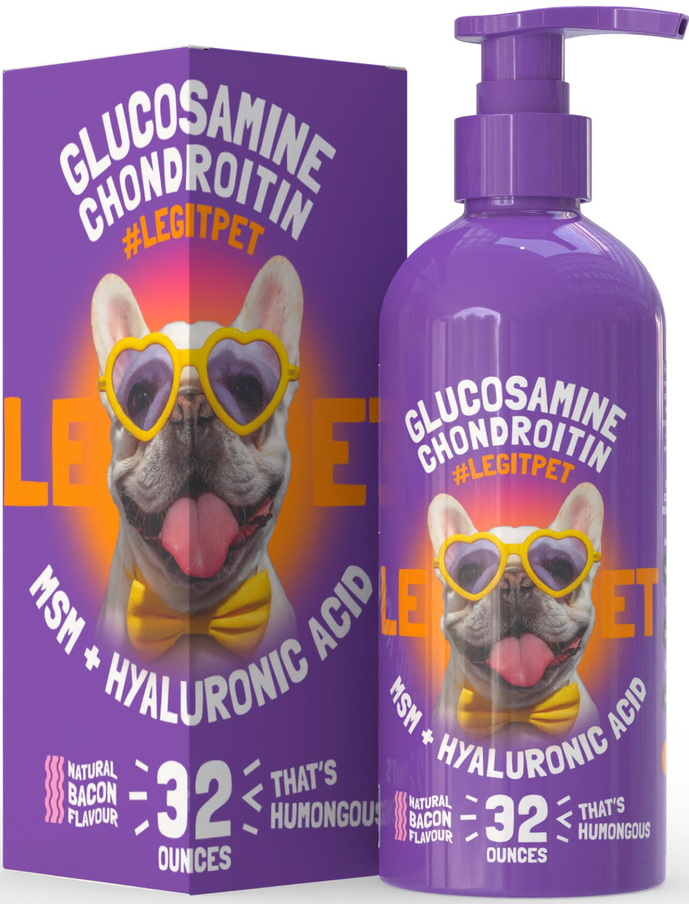 LEGITPET bacon flavored glucosamine bottle-front showing packaging and label benefits
