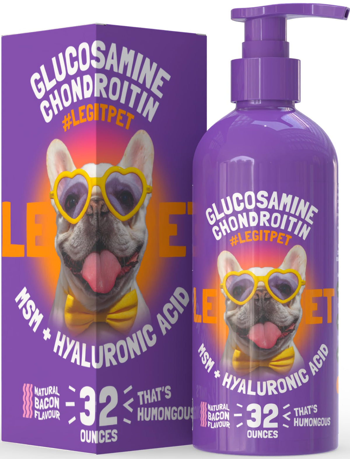 LEGITPET bacon flavored glucosamine bottle-front showing packaging and label benefits