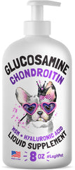 LEGITPET Liquid Glucosamine for Dogs bacon flavor bottle pouring over food for joint support.