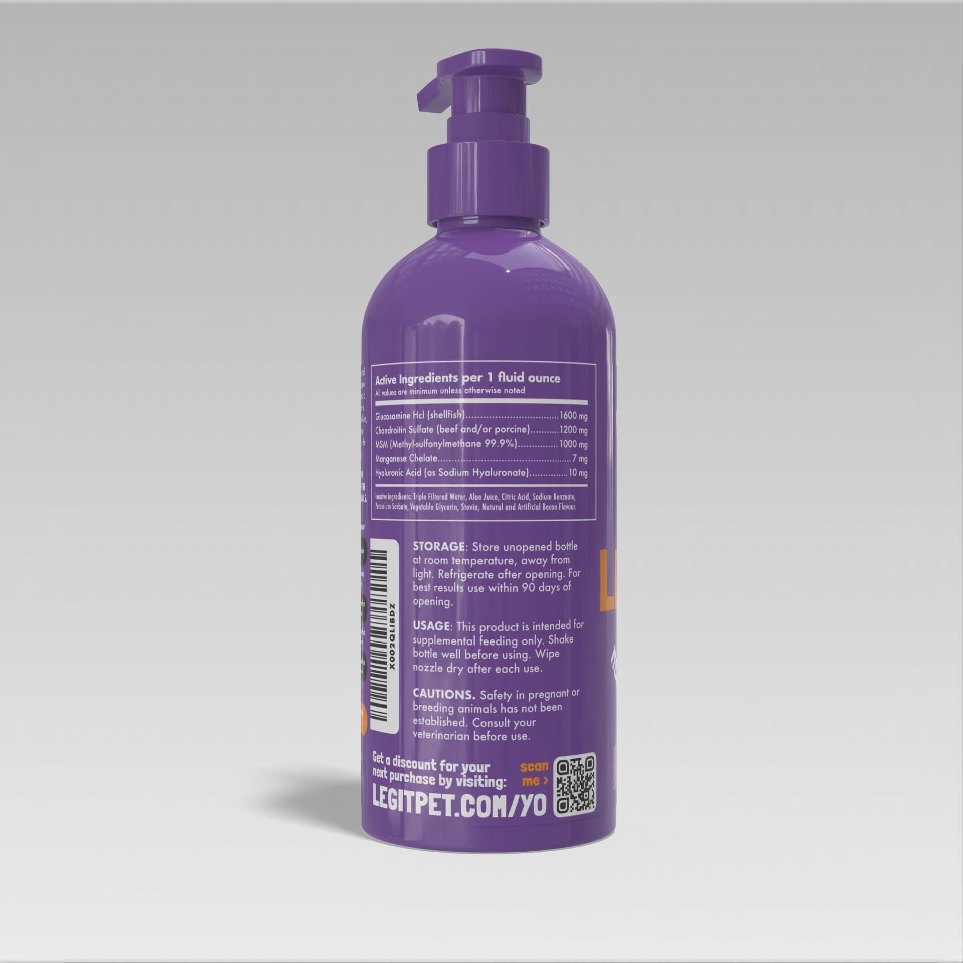LEGITPET bacon flavored glucosamine closeup on bottle label and ingredients