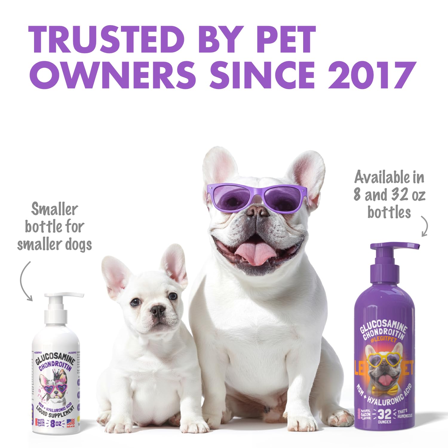 LEGITPET bacon flavored glucosamine being poured over dog food