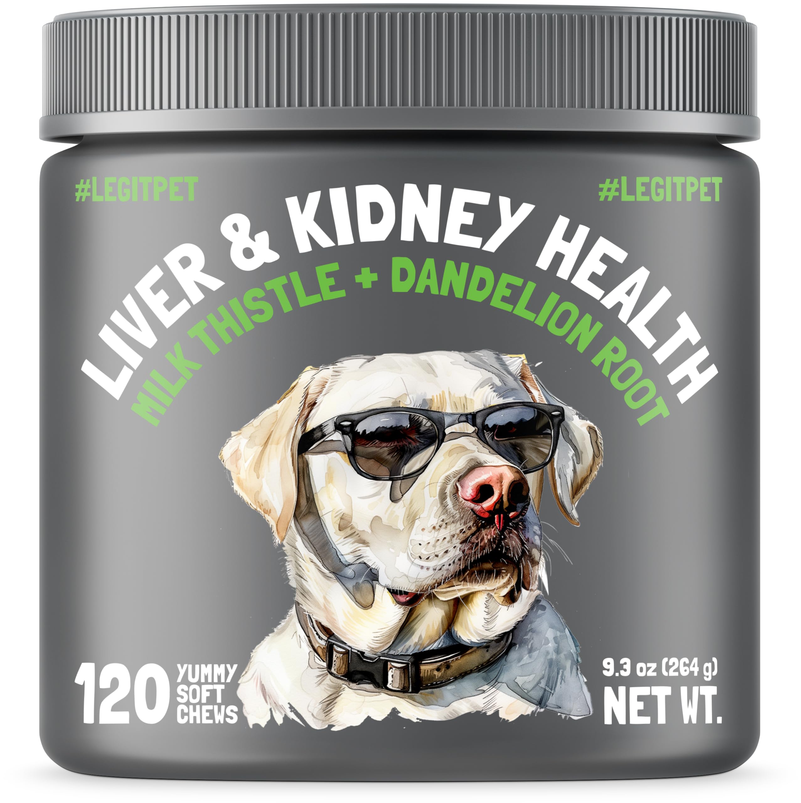 LEGITPET Liver & Kidney Support soft chews bottle on shelf for easy dosing.