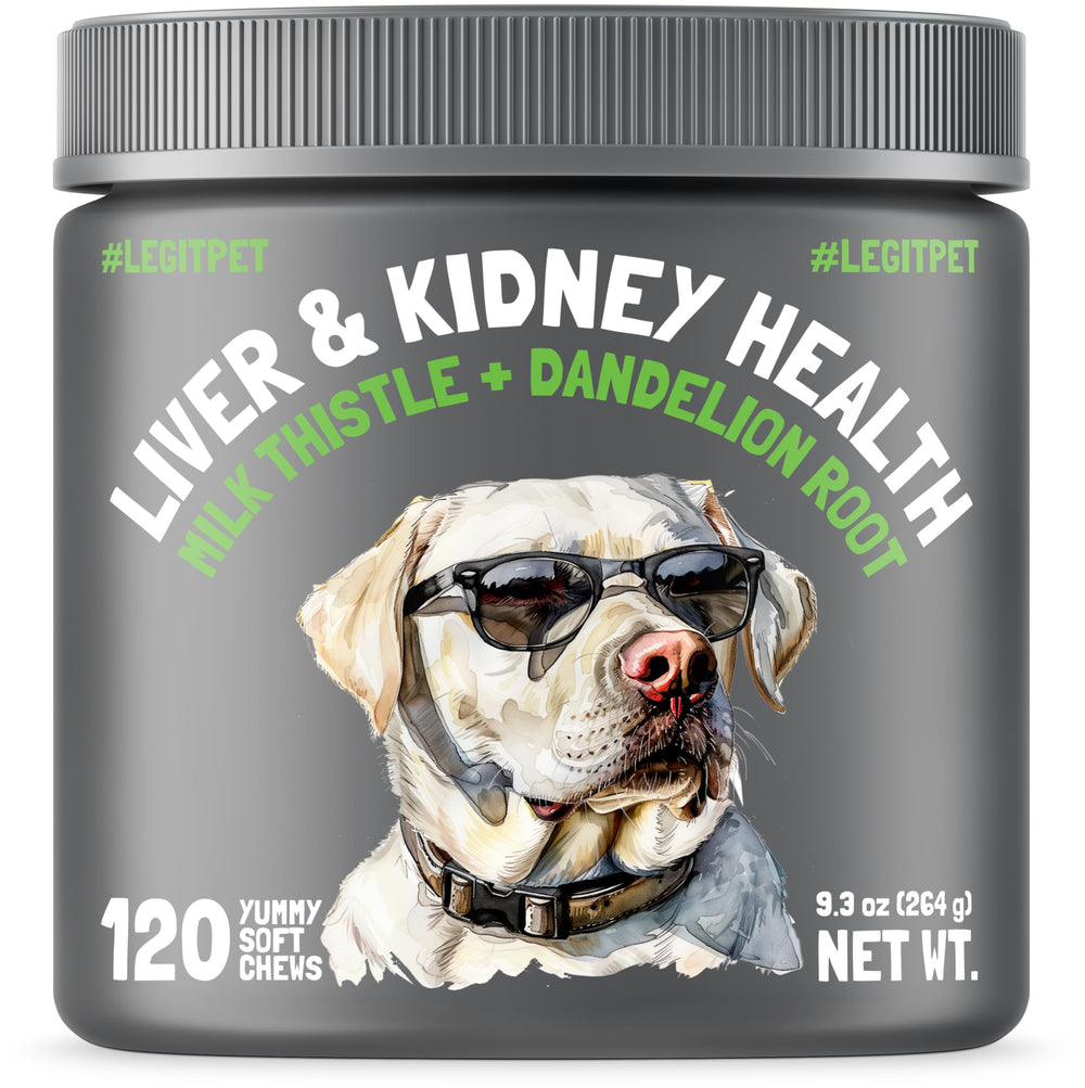 LEGITPET Liver & Kidney Support soft chews bottle on shelf for easy dosing.