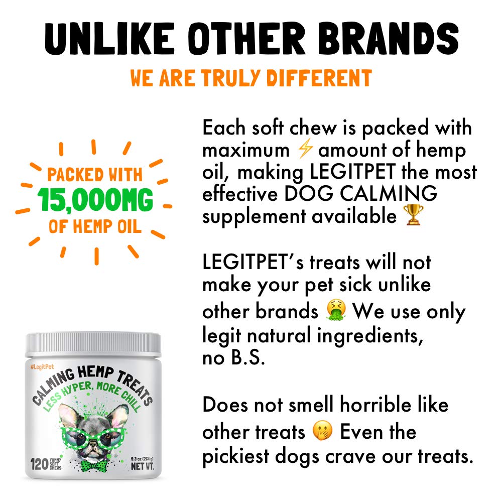 LEGITPET organic hemp and chamomile formula label highlights natural calming ingredients.