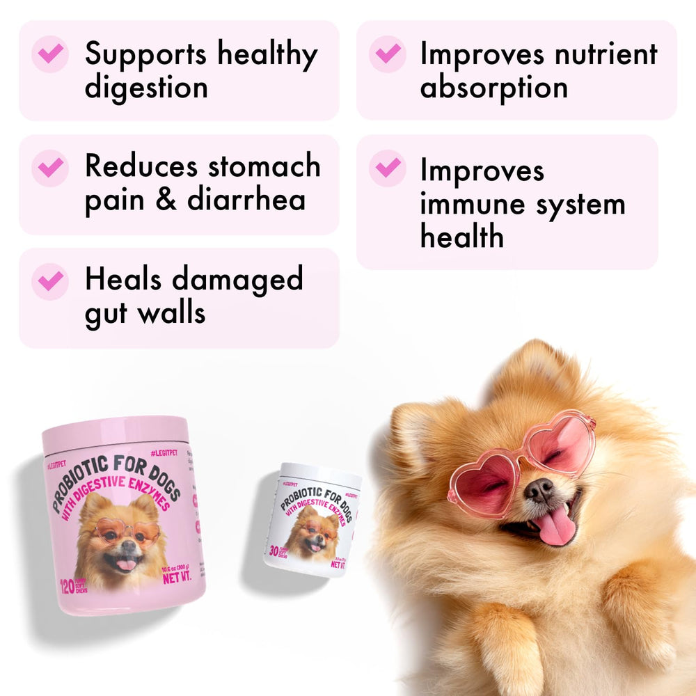 Close-up of LEGITPET chews highlighting digestive enzymes