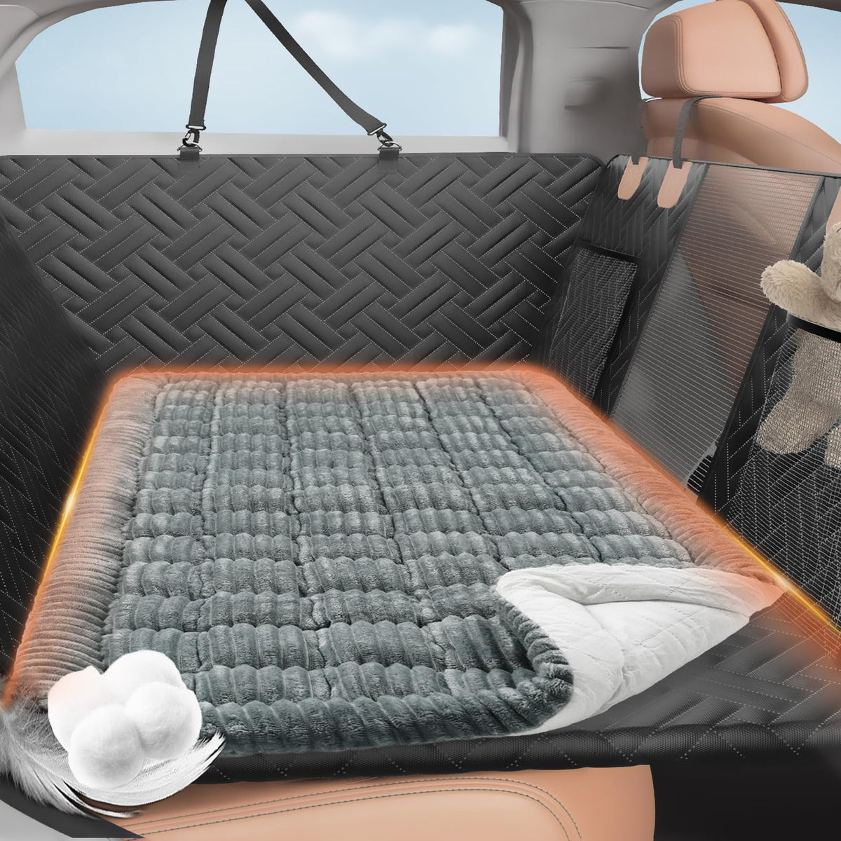 LEHNI backseat pet bed in car setting boosts comfort on long trips.