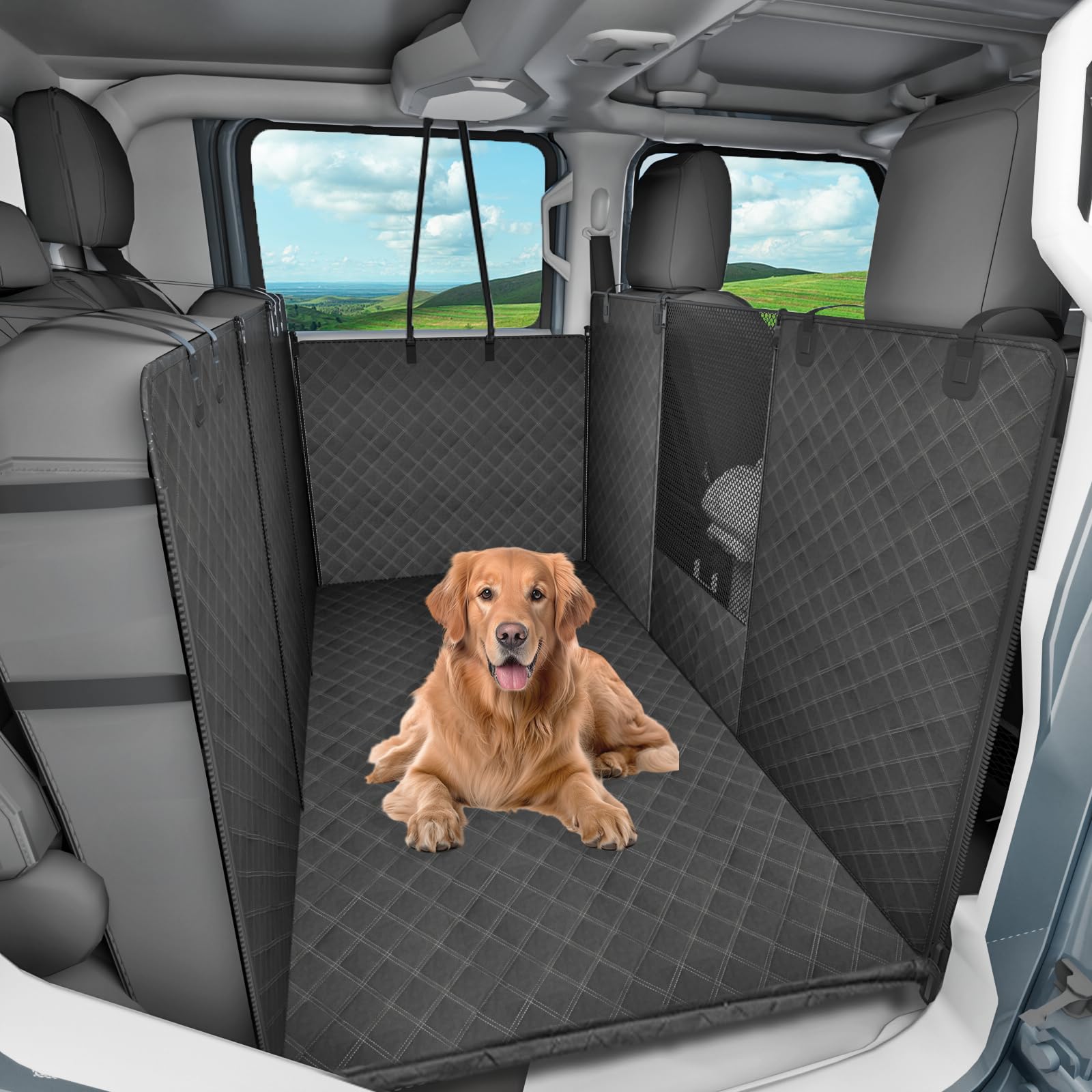 LEHNI dog floor hammock for full-size crew cab protects rear seats during travel.